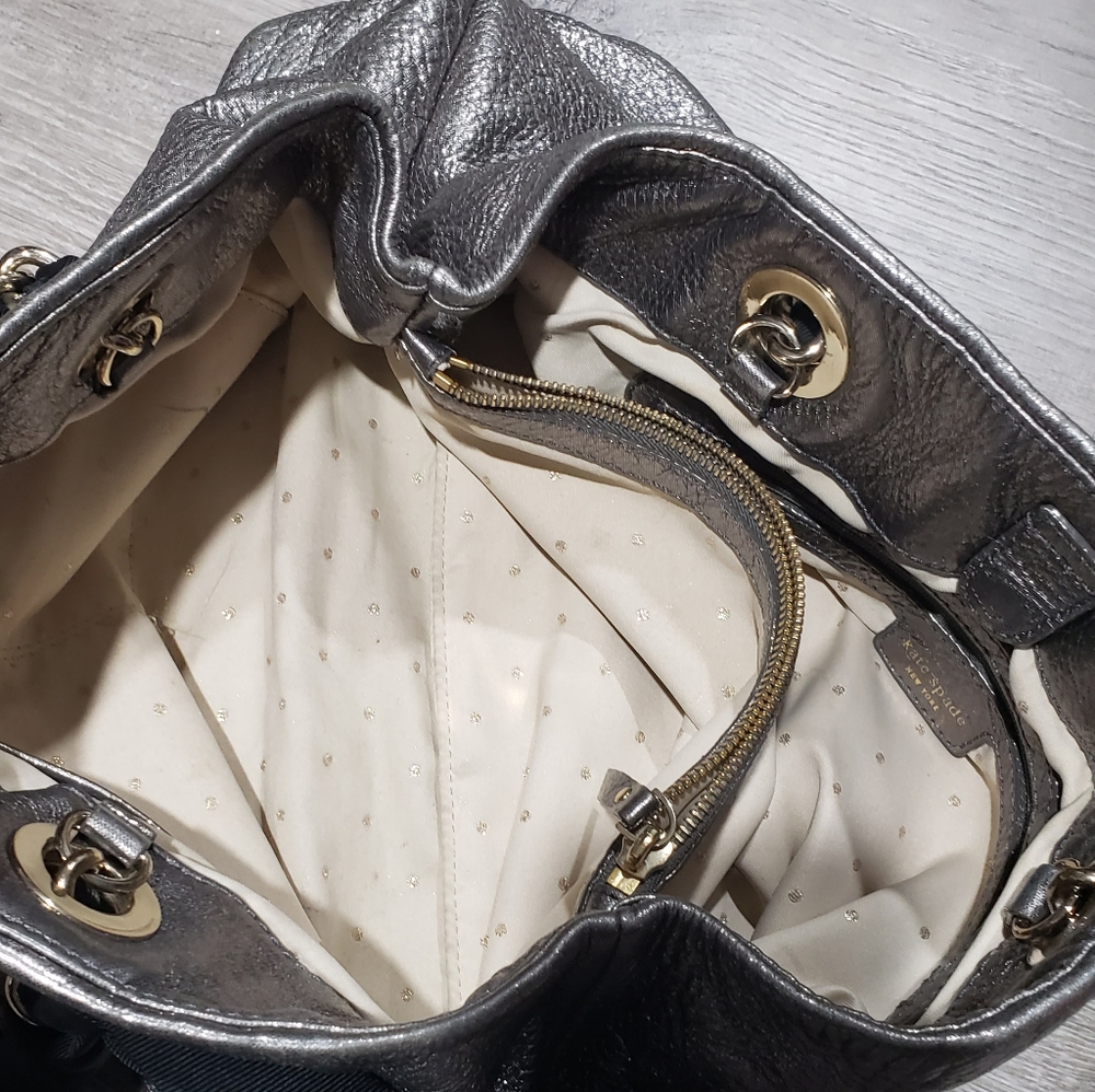 Kate Spade Silver Metallic Bag  Shoulder Bag Chain Ribbon - Picture 6 of 9